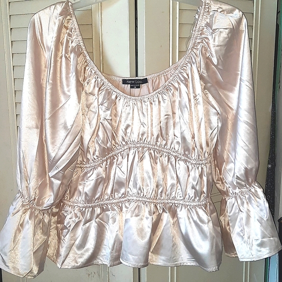 Tops - Plus Size Bell Sleeve Satin Blouse - Ivory